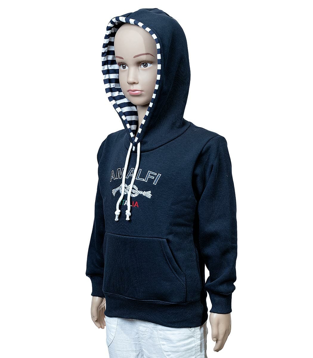 Felpa bimbo blu con cappuccio a righe e nodo centrale2