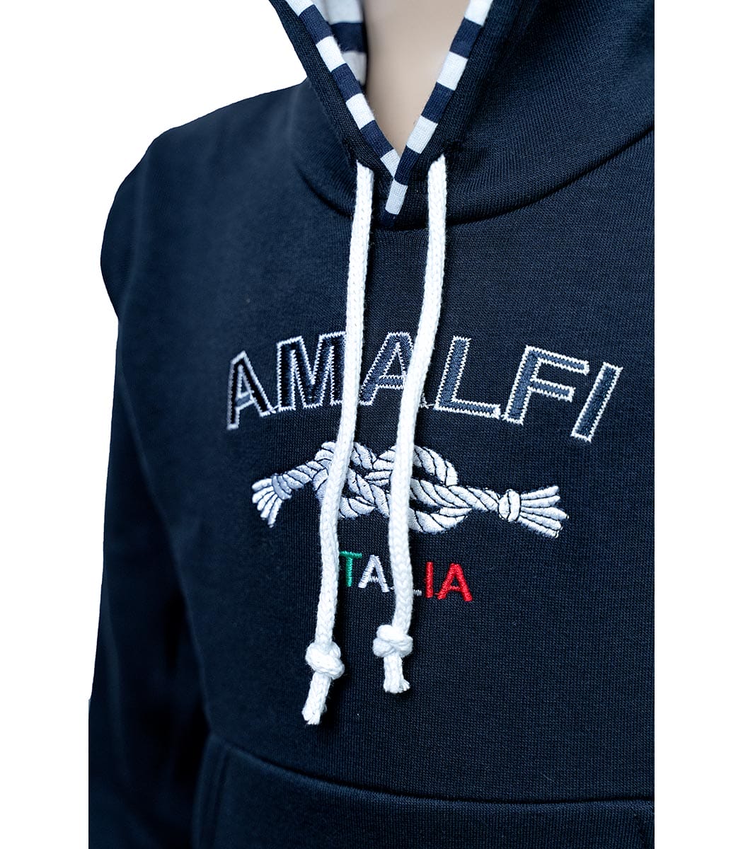 Felpa bimbo blu con cappuccio a righe e nodo centrale3